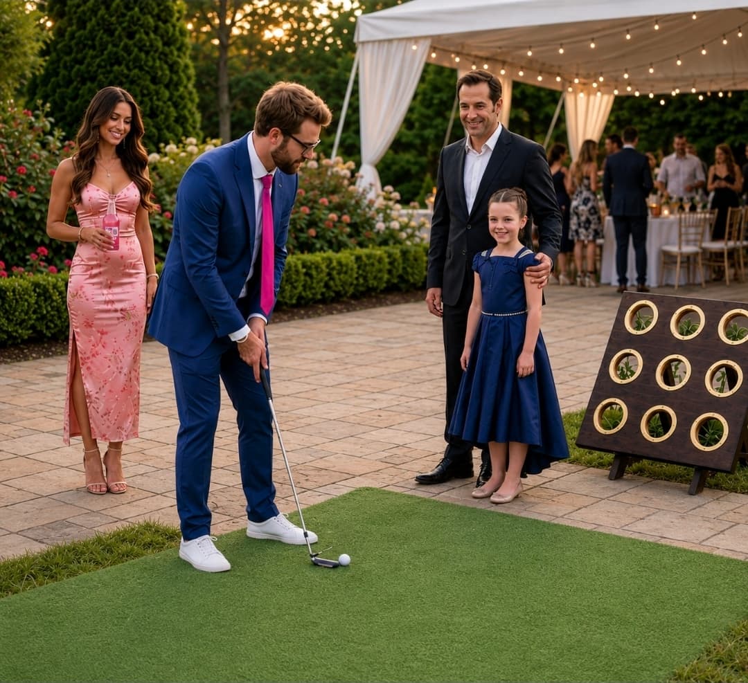 Guests playing lawn games at a Mingle event