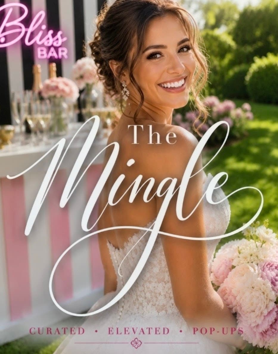 A smiling bride beside The Mingle's Bliss Bar